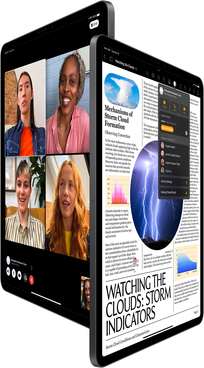 Grupowe połączenie FaceTime i współpraca w aplikacji Pages pokazane na dwóch urządzeniach iPad Pro.