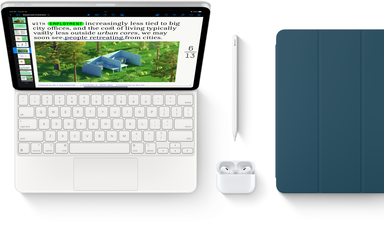 Smart Keyboard Folio, Apple Pencil, AirPods Pro i nakładka na iPada w kolorze morskim.