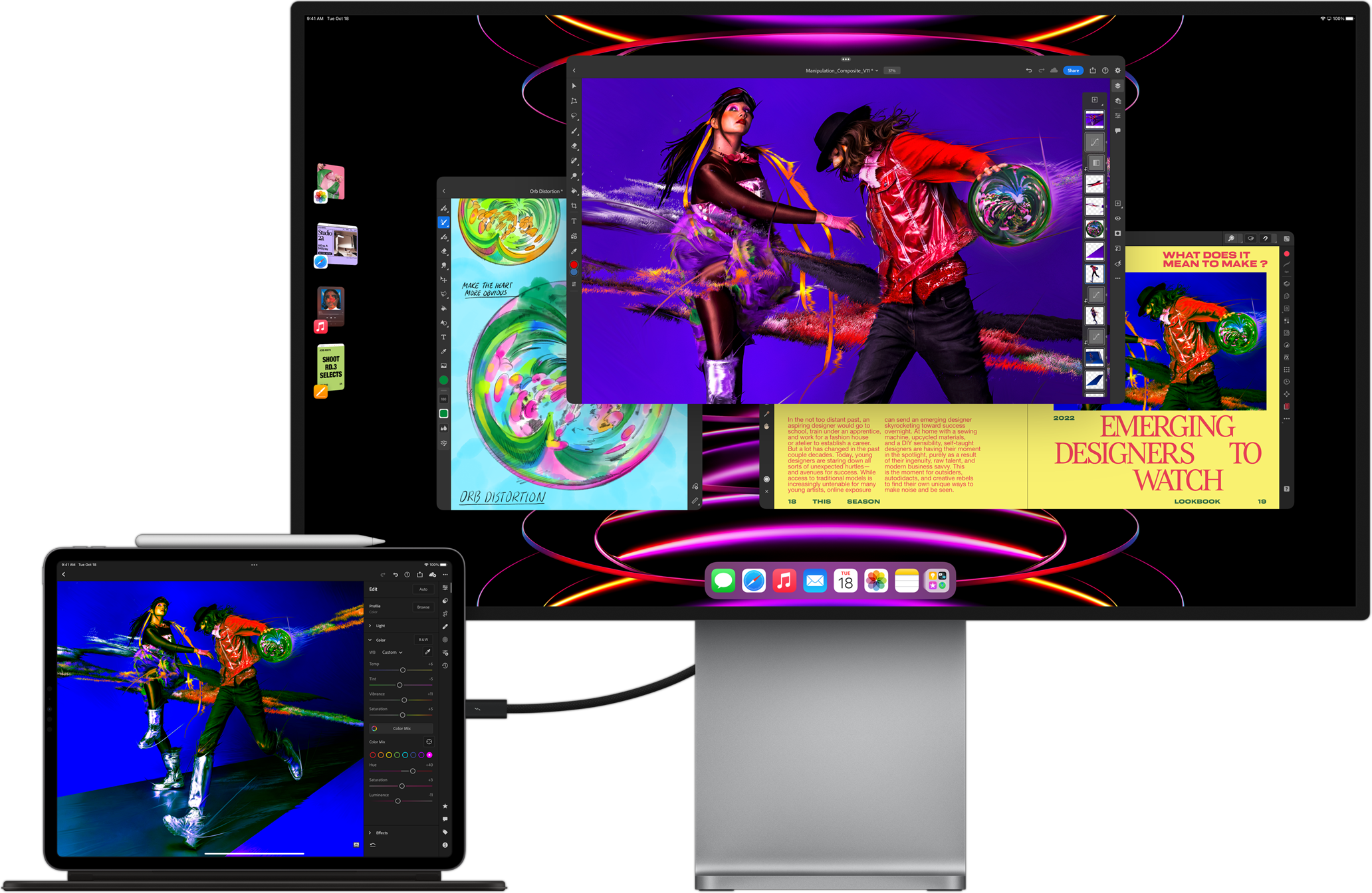 iPad Pro przedstawiający aplikację LumaFusion podłączony do zewnętrznego monitora pokazującego, jak wygląda praca wielozadaniowa z wykorzystaniem funkcji Stage Manager.