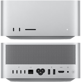 Mac Studio: widok z przodu na 2 porty USB‑C i czytnik kart SDXC oraz widok z tyłu na 4 porty USB‑C i 2 porty USB‑A, port Ethernet, złącze HDMI oraz gniazdo słuchawkowe